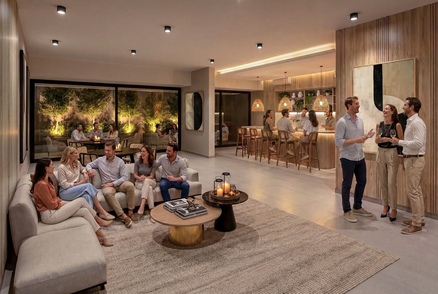 Lounge gourmet de los espacios comunes de Vista Golf 2, con cocina integrada y terraza hacia el paisajismo