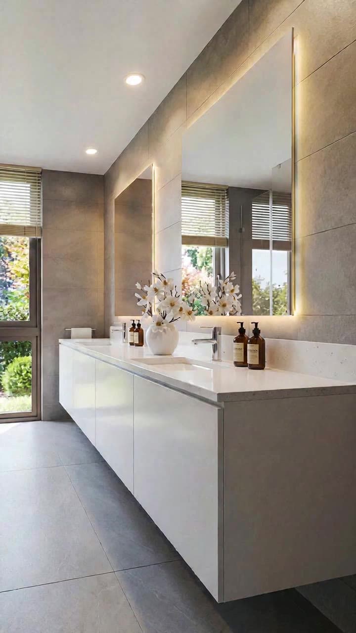 Zoom cinematográfico al muro de porcelanato gran formato y el vanitorio del baño principal