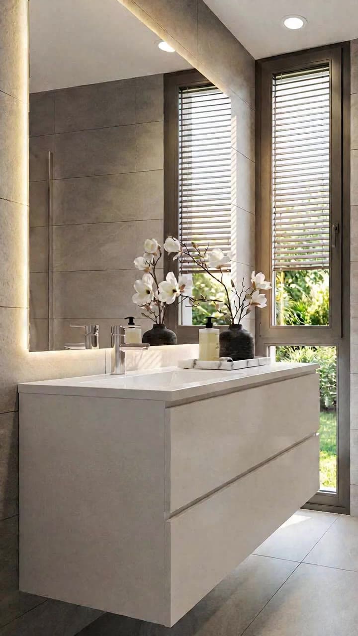 Zoom cinematográfico a la grifería Kohler del baño secundario