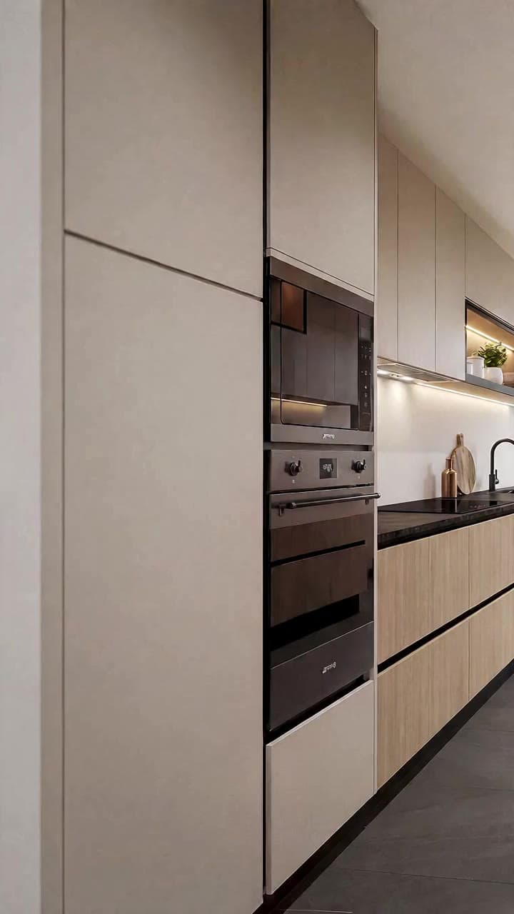 Zoom cinematográfico a los electrodomésticos Smeg y la cubierta Surfaces de la cocina