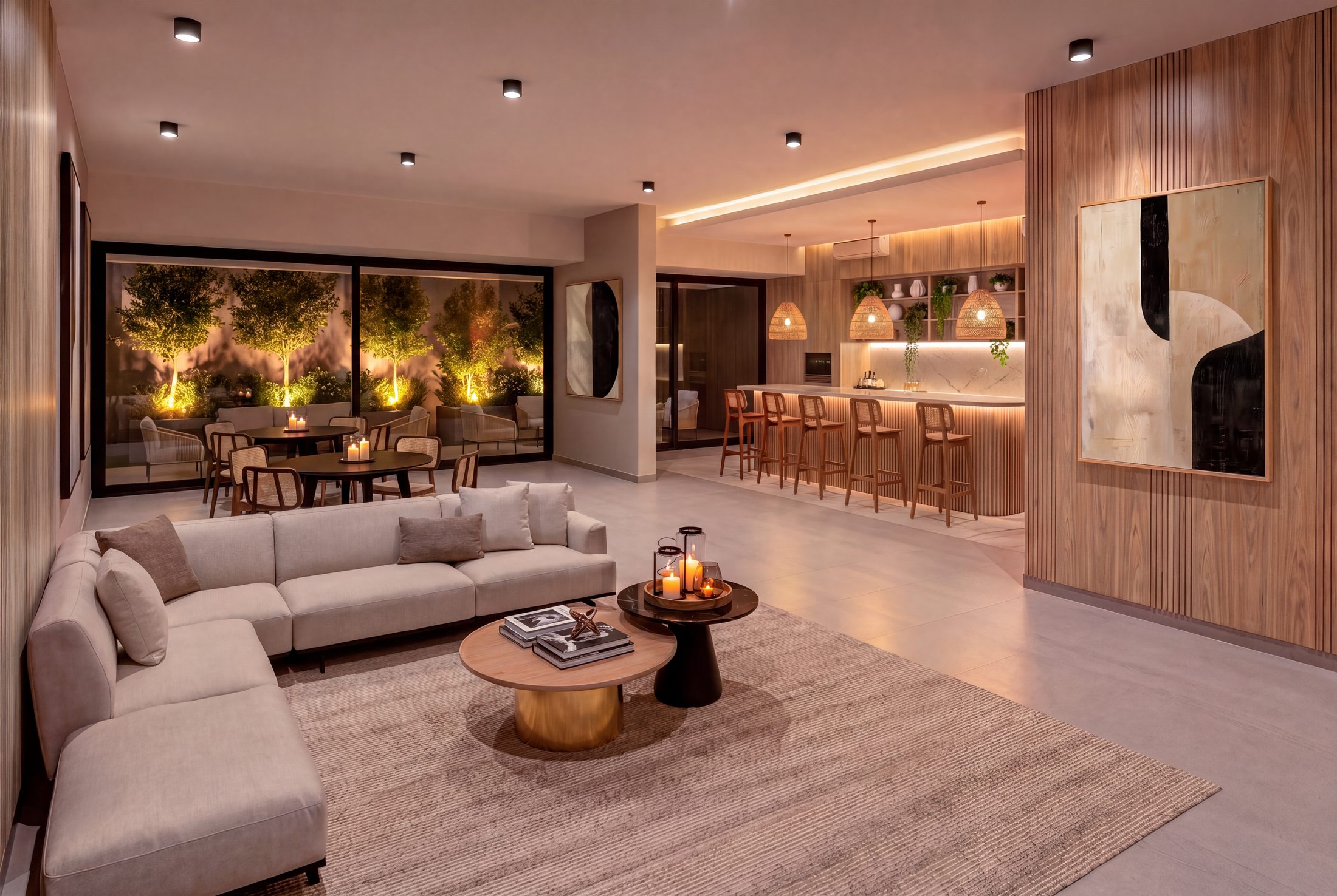 Salón Gourmet de Vista Golf II, con cocina integrada y terraza hacia el paisajismo