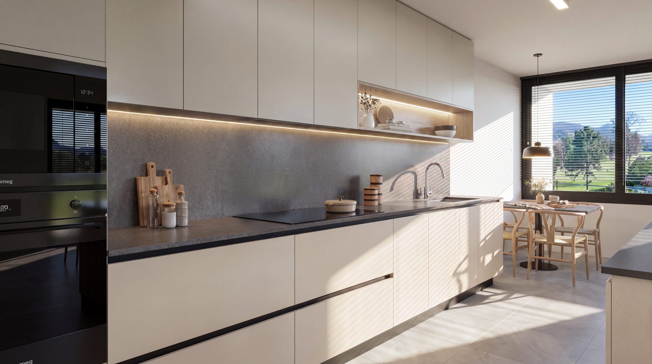Cocina del departamento, equipada con electrodomésticos Smeg y cubiertas Surfaces